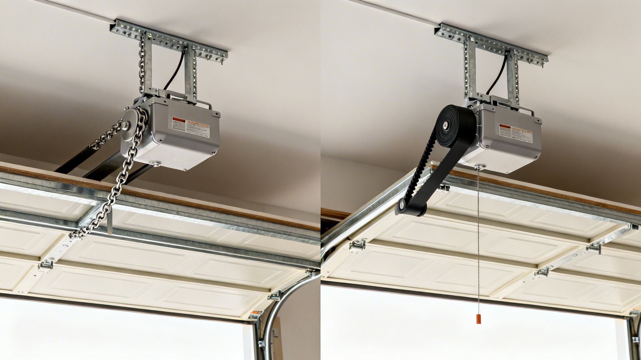 Side-by-side comparison of a noisy chain-drive and a quiet belt-drive garage door opener.