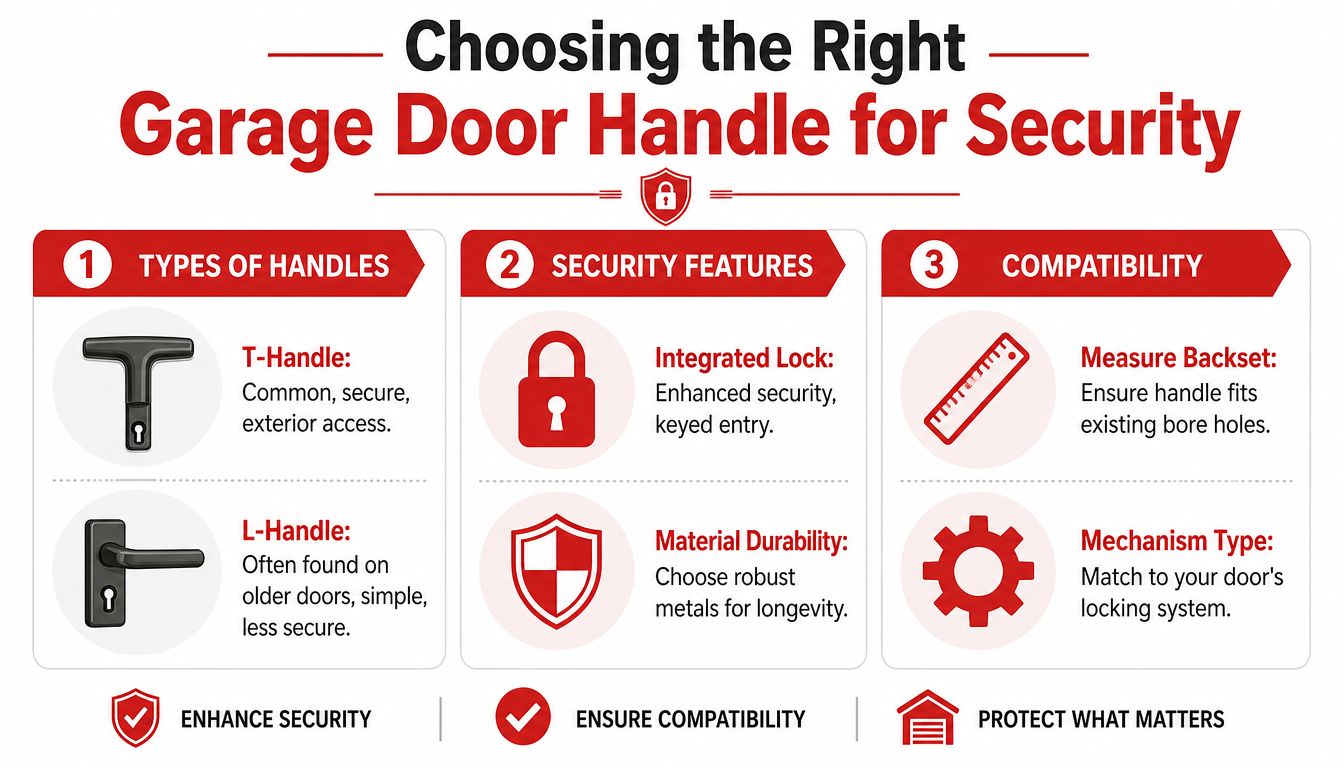 An infographic titled Choosing the Right Garage Door Handle for Security, showing handle types, features, and compatibility.