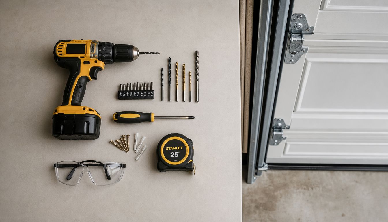 A top-down view of tools including a cordless drill, screwdriver, tape measure, and safety glasses on a table.