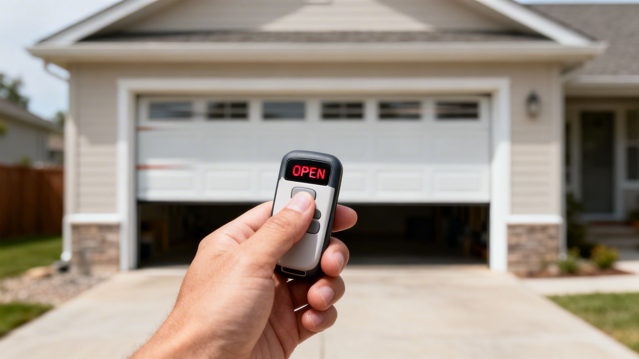 A hand holding a garage door opener remote with 'OPEN' displayed, in front of a house with an open garage door.