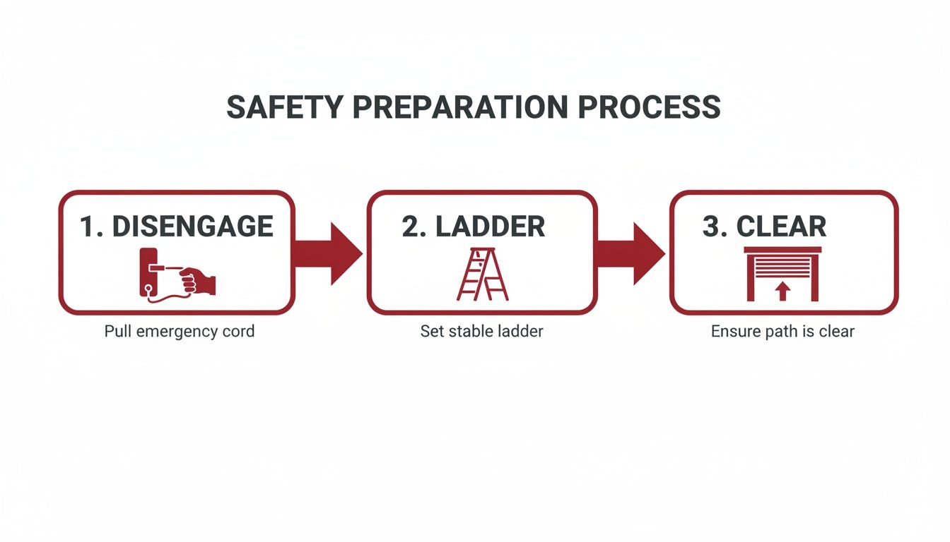 A three-step safety preparation process for garage door maintenance, showing disengage, ladder, and clear.