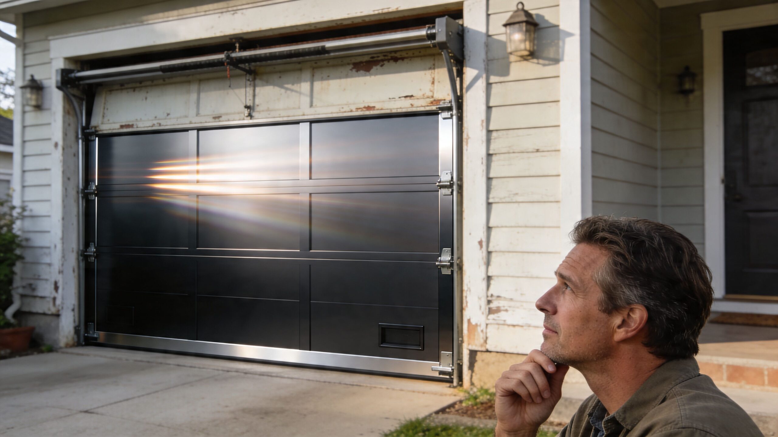 A man looking thoughtfully at his modern, newly installed dark metallic residential garage door on a house.