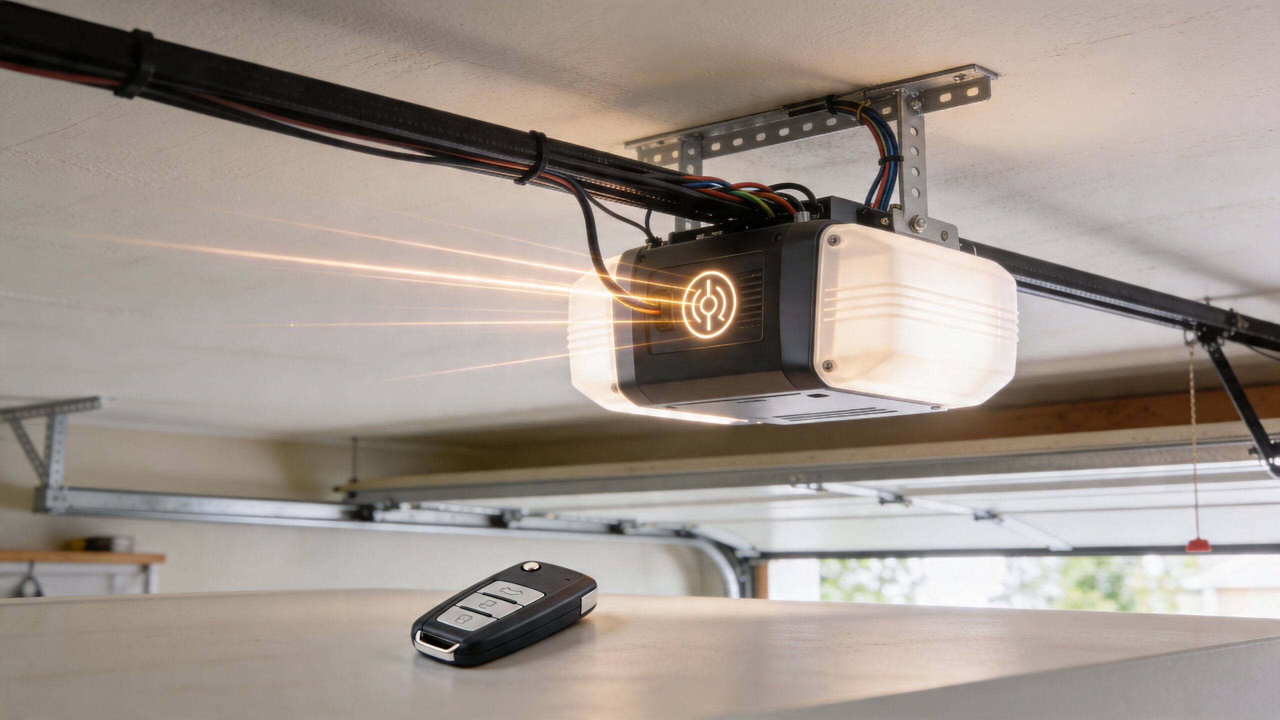 A modern garage door opener installed on a ceiling with a remote control resting on a surface below.