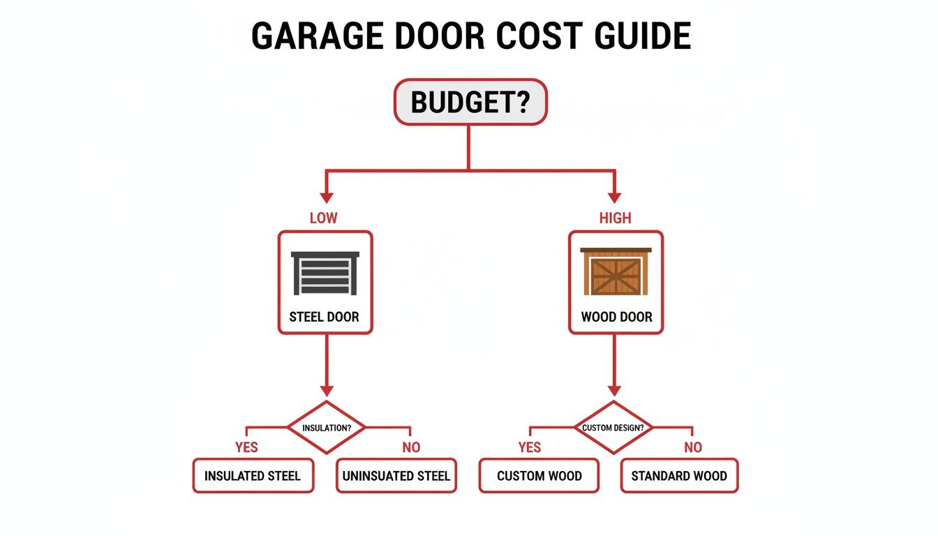 Flowchart guiding garage door selection based on budget, material type, insulation, and design options.