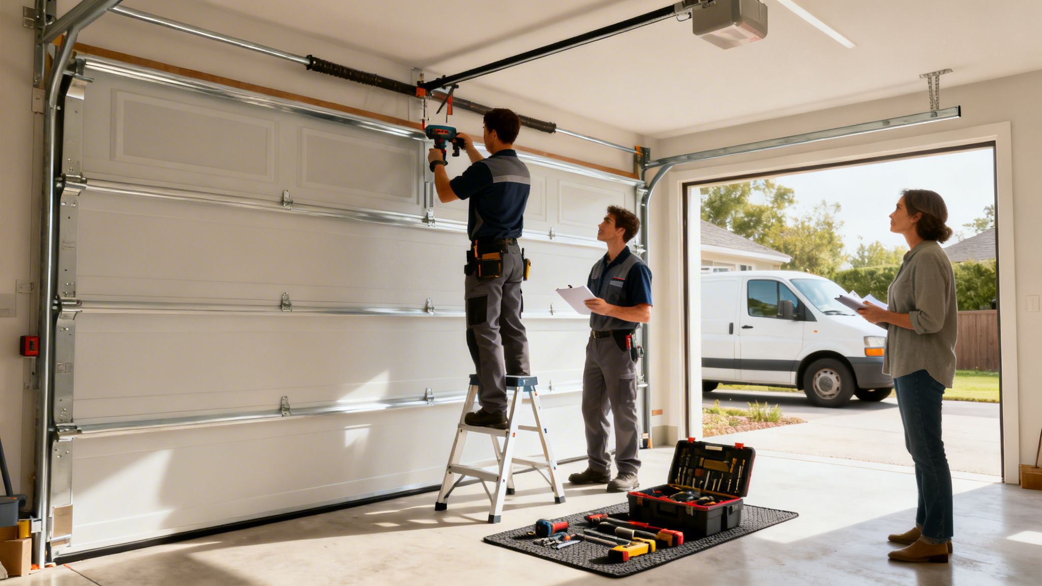 Professional technicians install a new garage door at a residence while a woman watches.