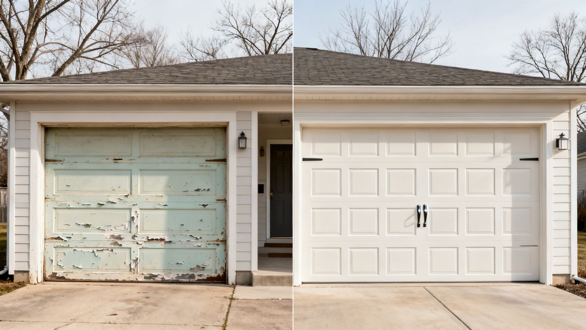 Before and after renovation of a residential garage, showing an old peeling door replaced with a new white paneled one.