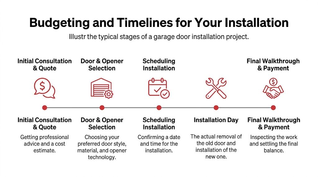 A diagram illustrating the five typical stages of a residential garage door installation project from consultation to payment.