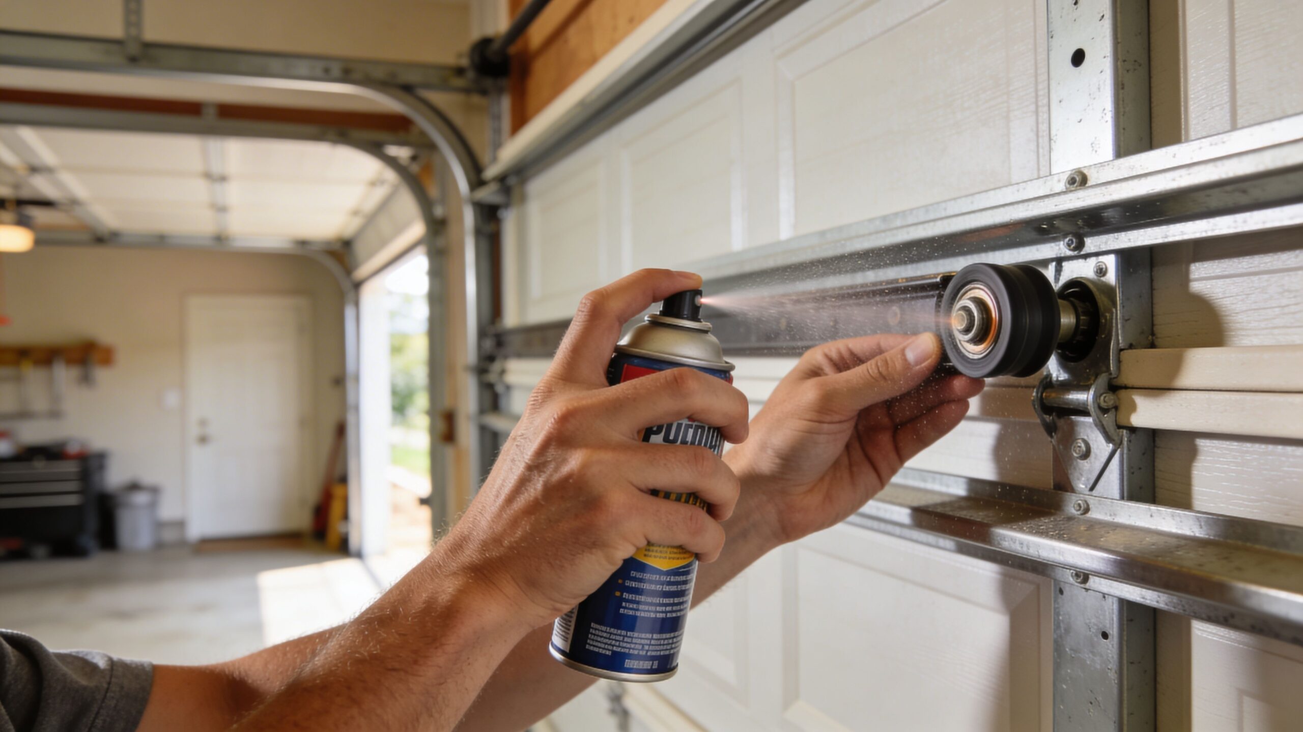 A person applying lubricating spray to a garage door roller to ensure smooth operation and maintenance.