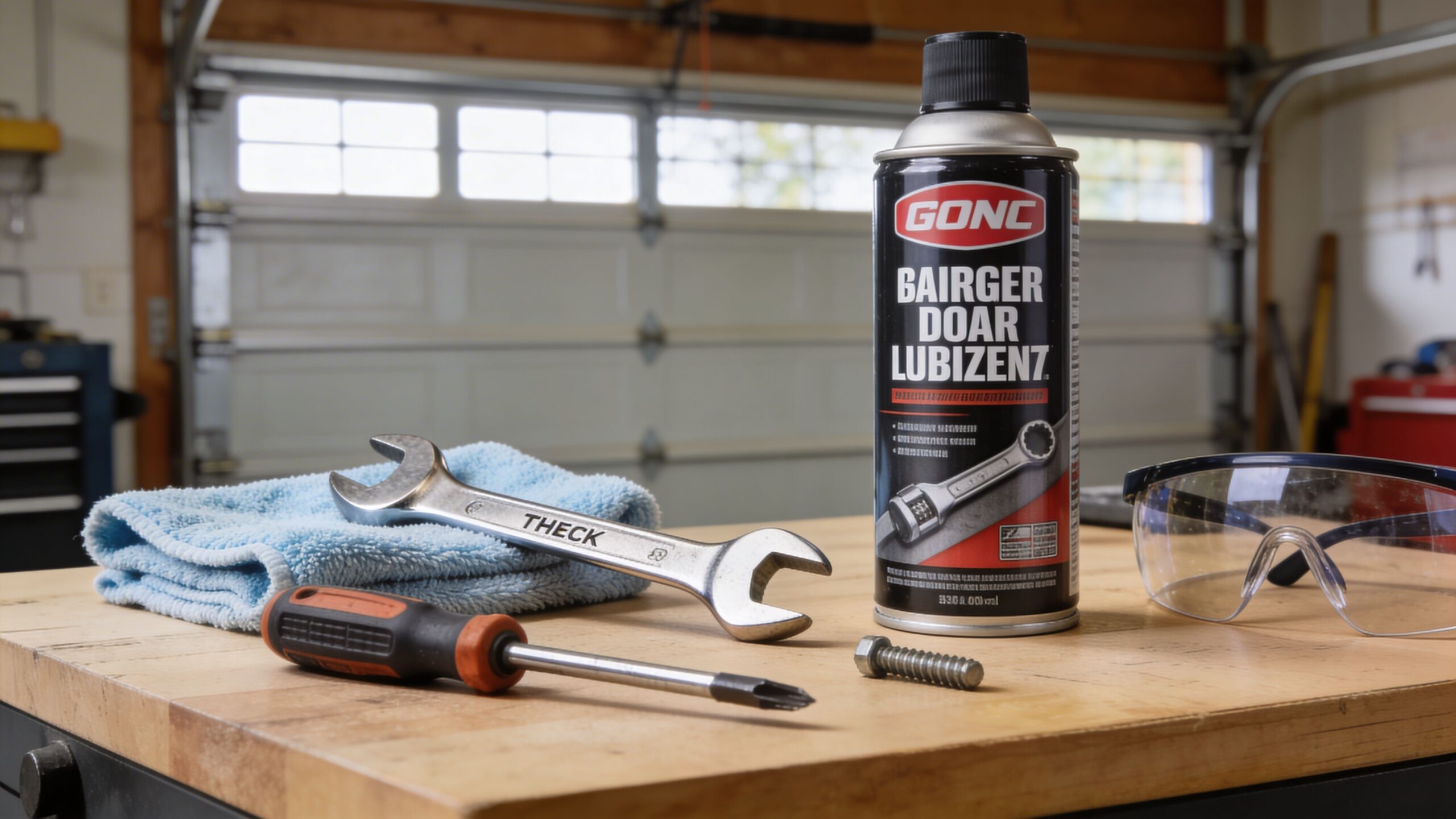 A close-up of residential garage door maintenance tools, including a wrench, screwdriver, and lubricant on a workbench.