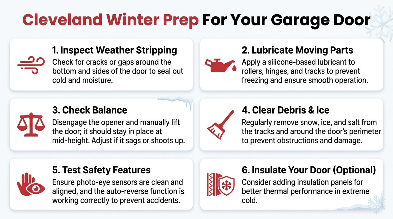 A helpful infographic listing six essential steps for preparing your residential garage door for winter weather.