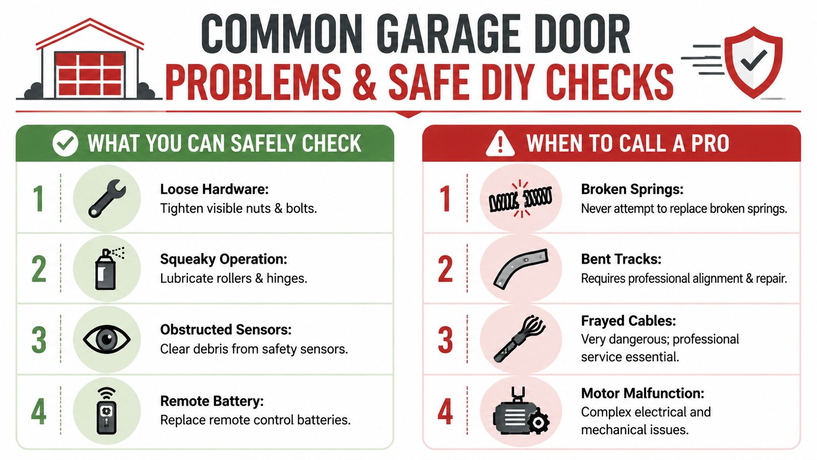 An infographic detailing common garage door problems you can check yourself versus issues requiring professional repair services.