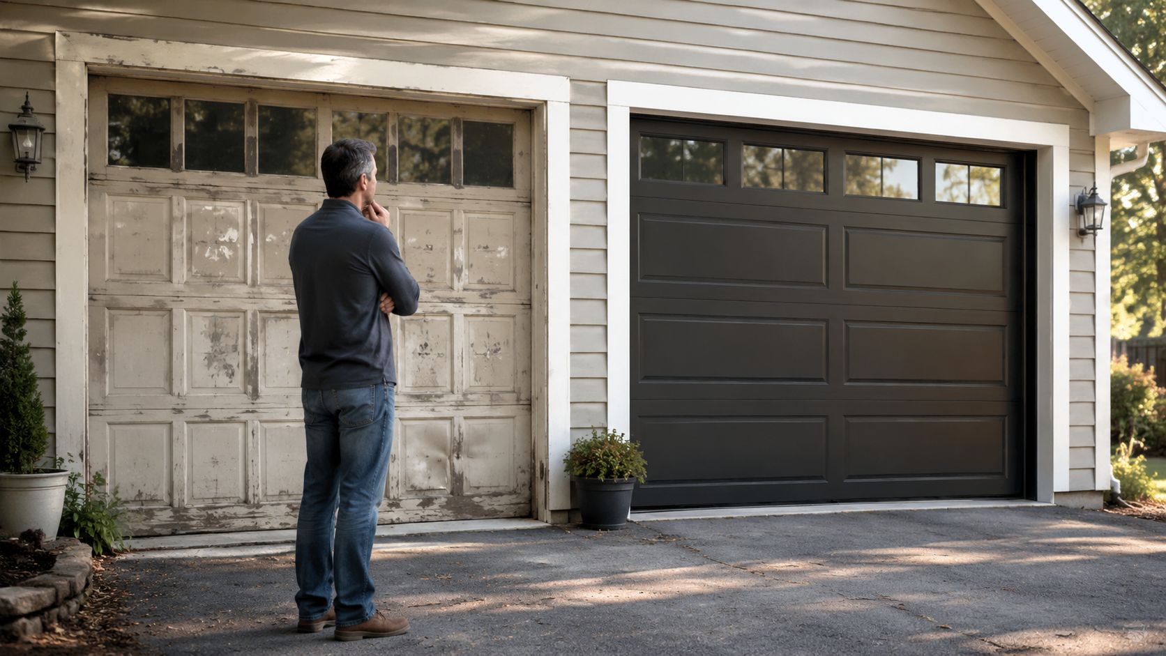 A man stands in front of a house, comparing an old worn garage door with a new one.
