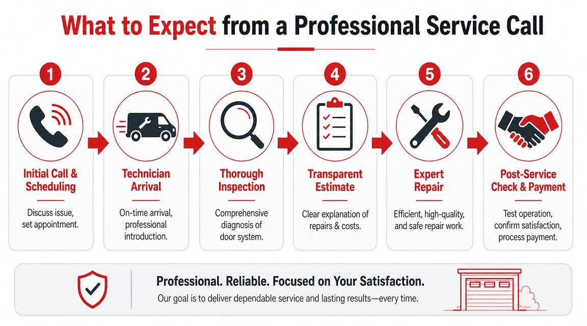 A six-step infographic illustrating the professional garage door service call process from scheduling to final payment.