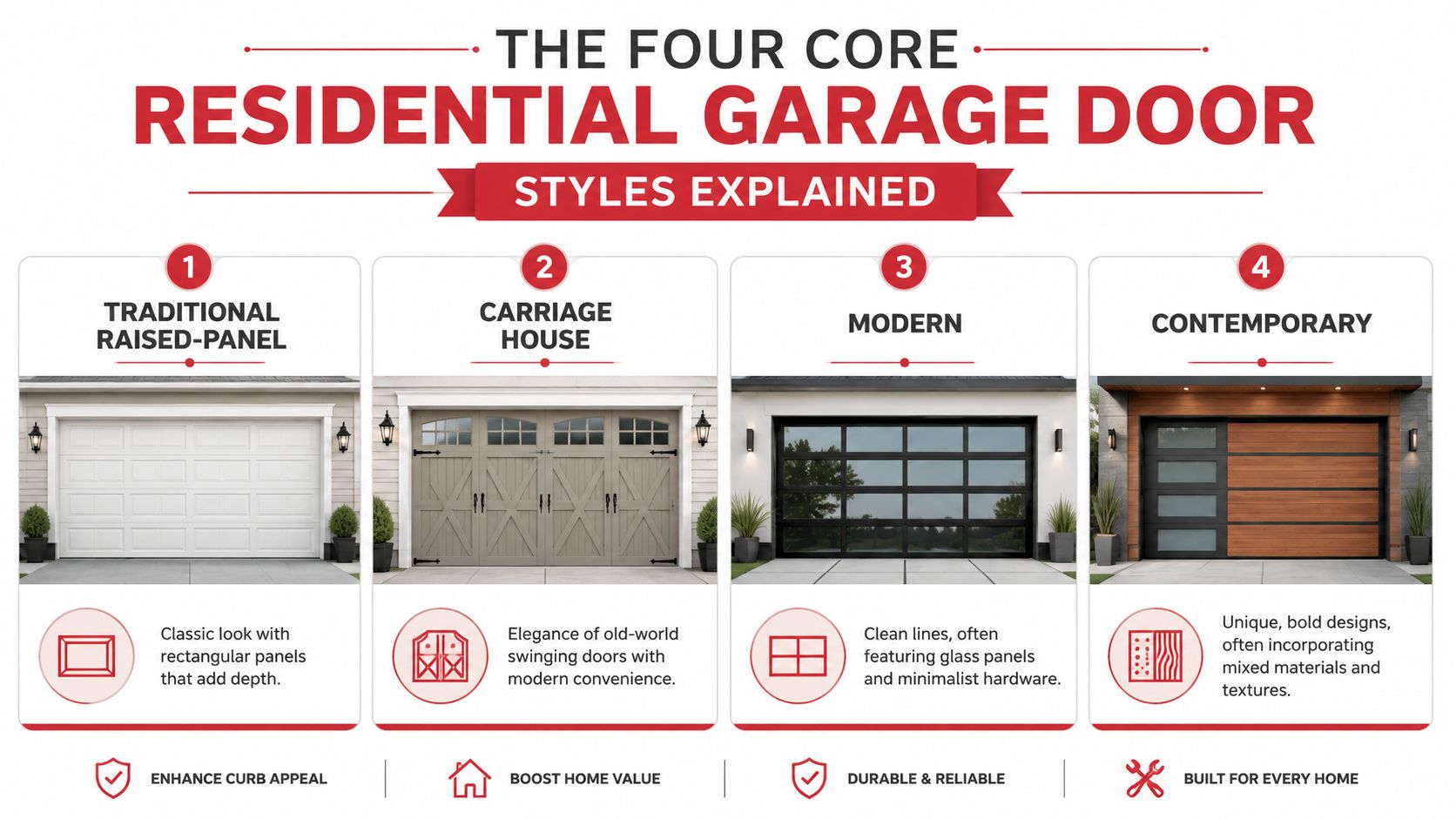 A descriptive infographic showing the four core residential garage door styles: traditional, carriage house, modern, and contemporary.