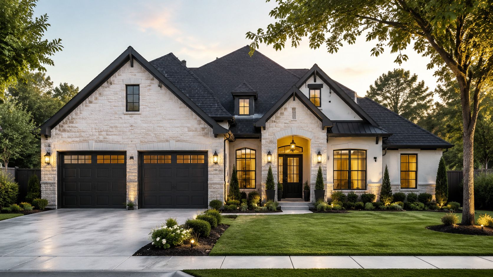 A luxurious suburban home featuring a clean white stone exterior, dark garage doors, and a manicured green lawn.