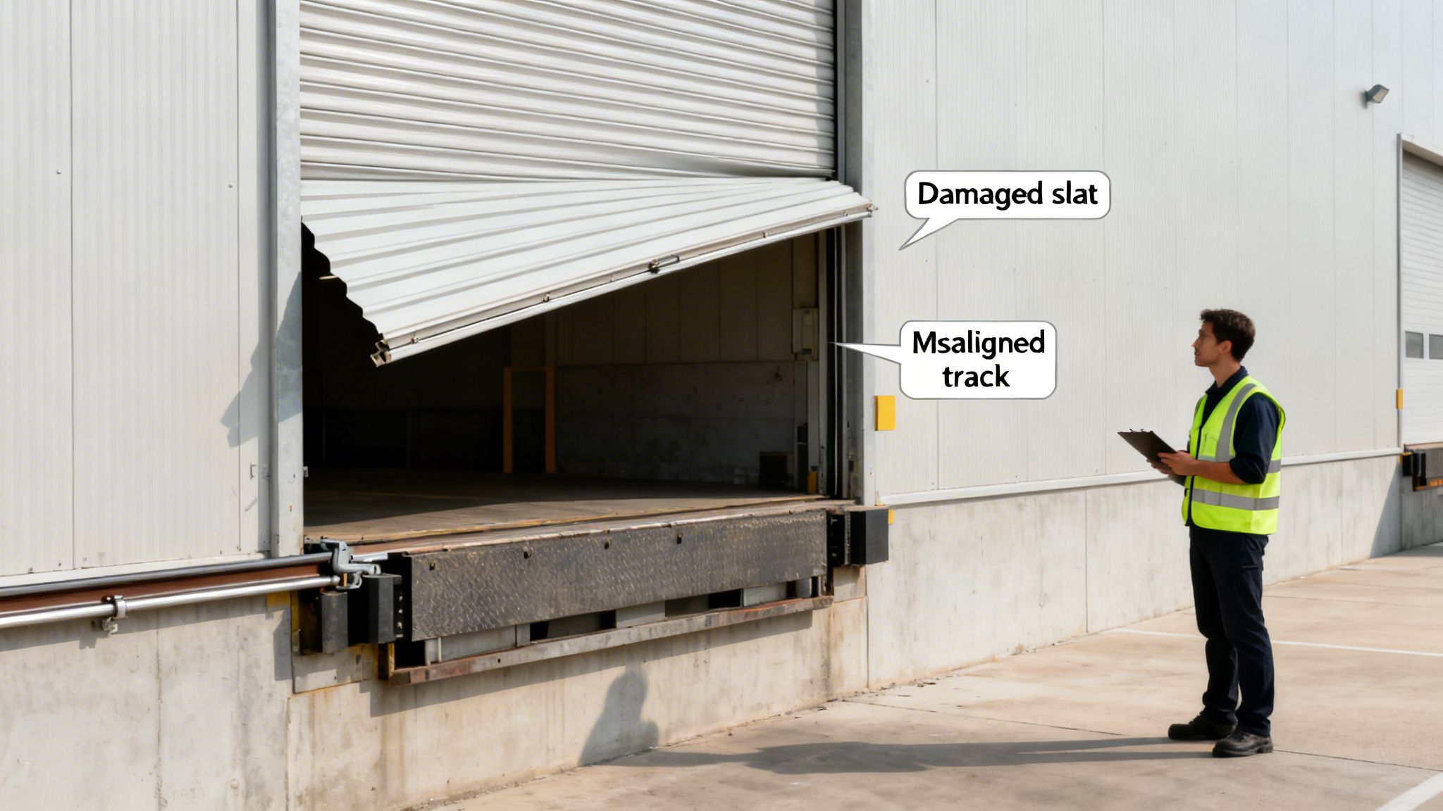 A worker in a high-vis vest inspects a damaged white roll-up door with a misaligned track at a warehouse loading bay.