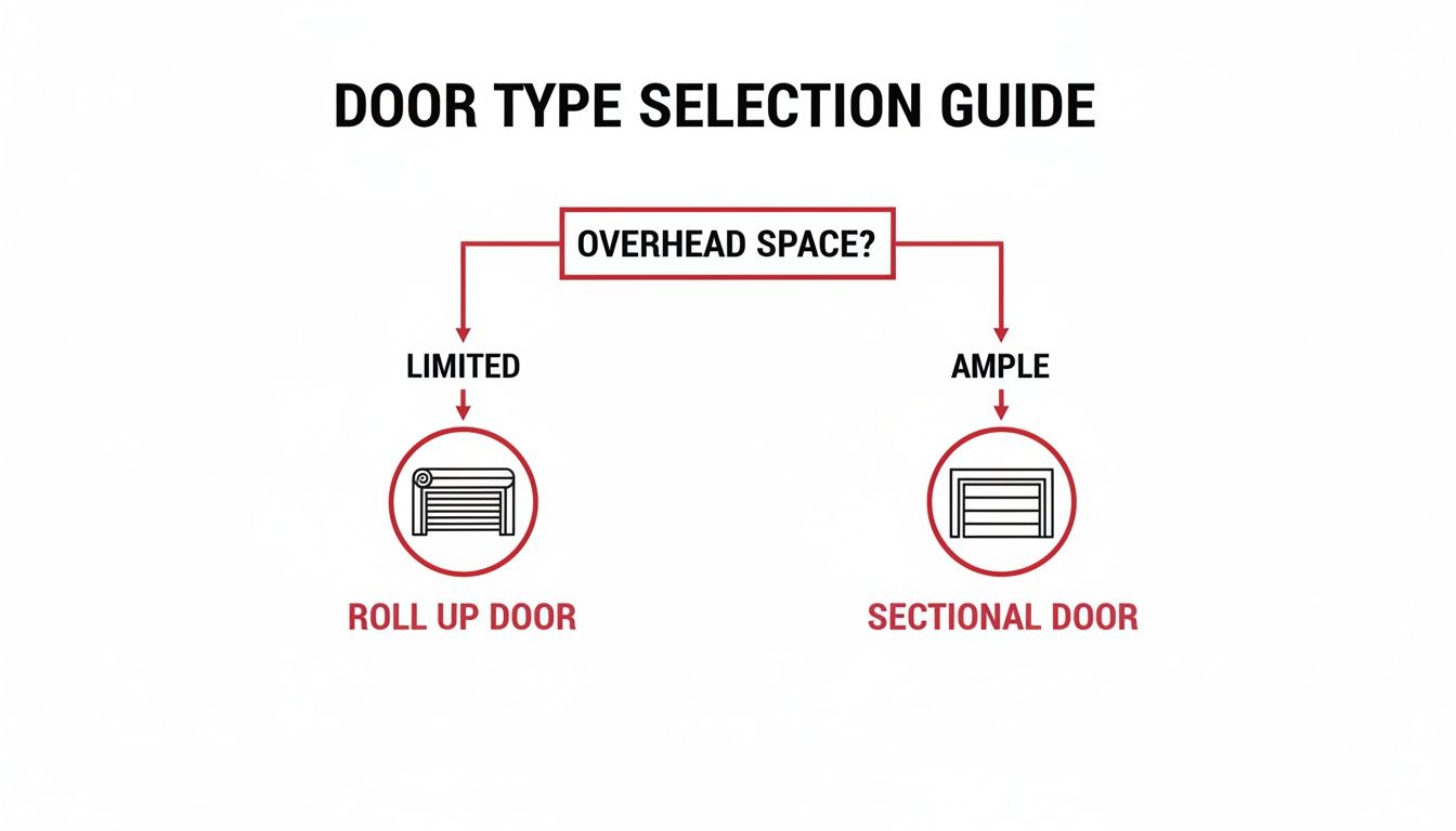 A flow chart guiding door type selection based on overhead space: limited for roll up, ample for sectional.