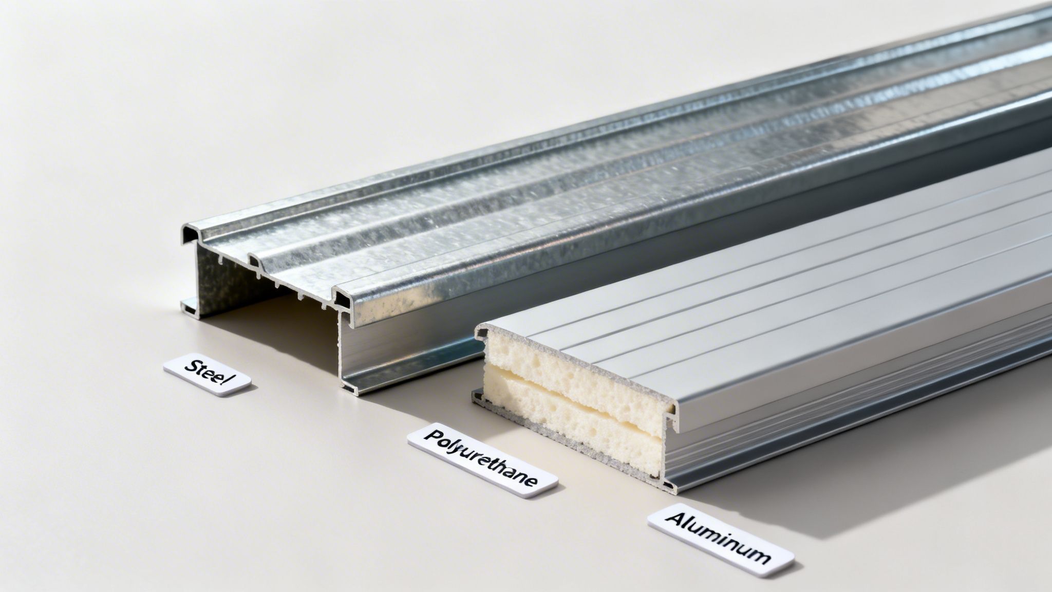 Two profiles: a galvanized steel profile and an aluminum sandwich panel with polyurethane core.