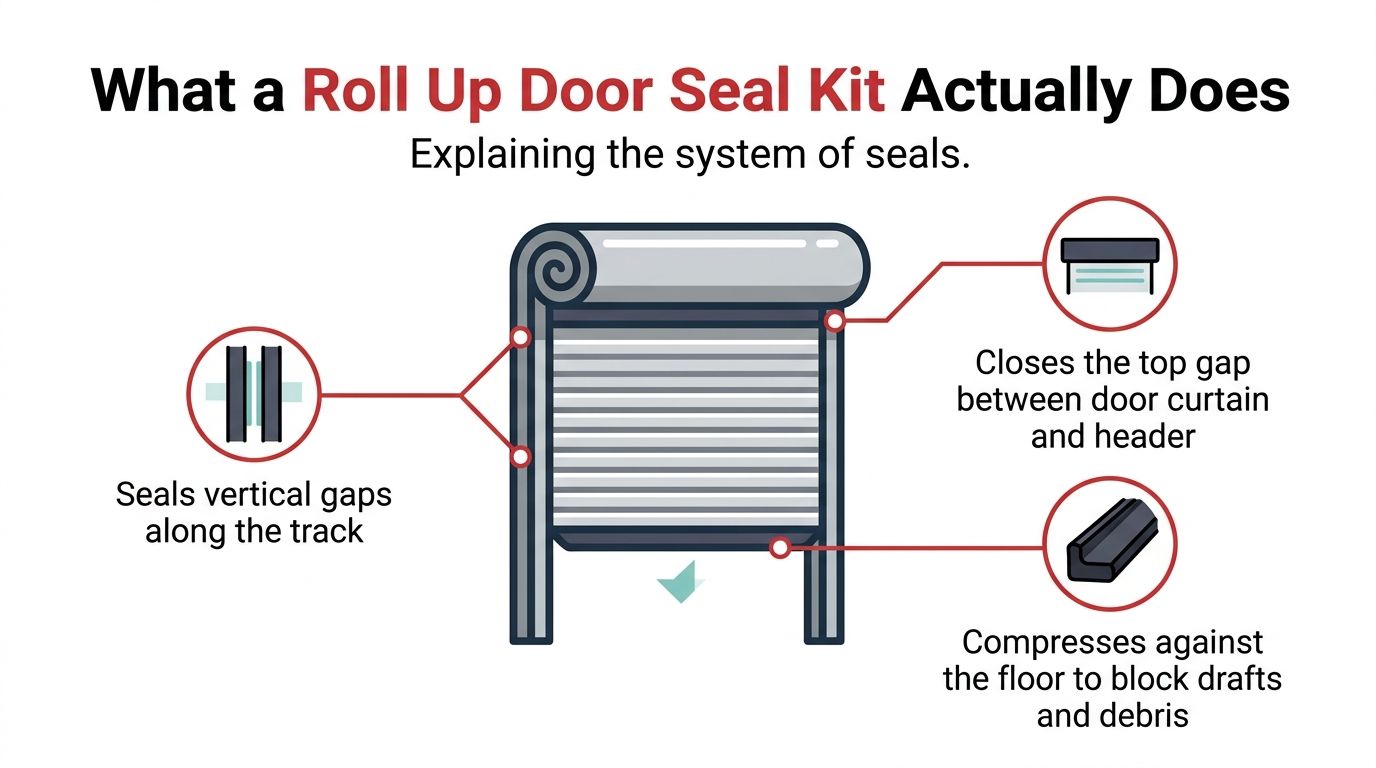 A diagram explaining how a roll up door seal kit protects the top, sides, and floor areas.