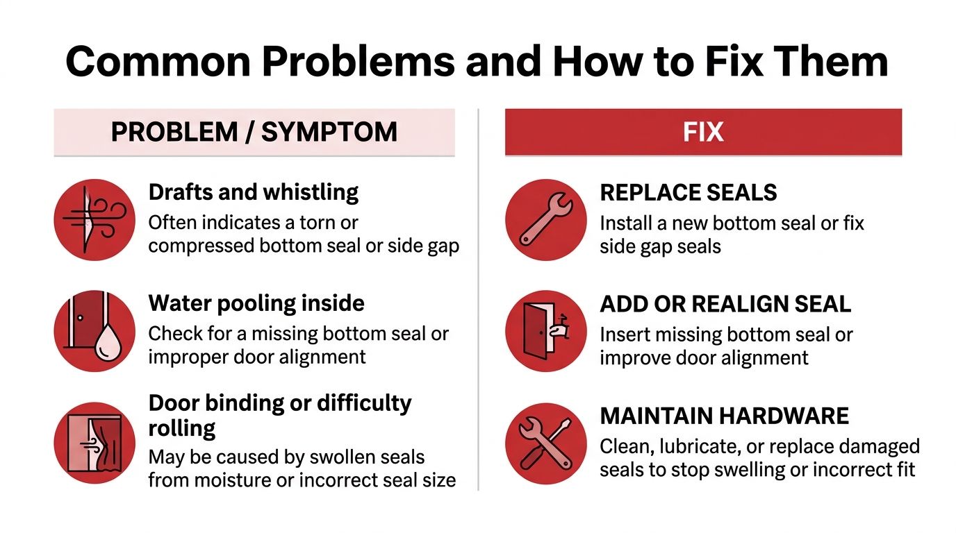 A chart listing common roll up door problems like drafts, water pooling, and binding with their respective repair solutions.