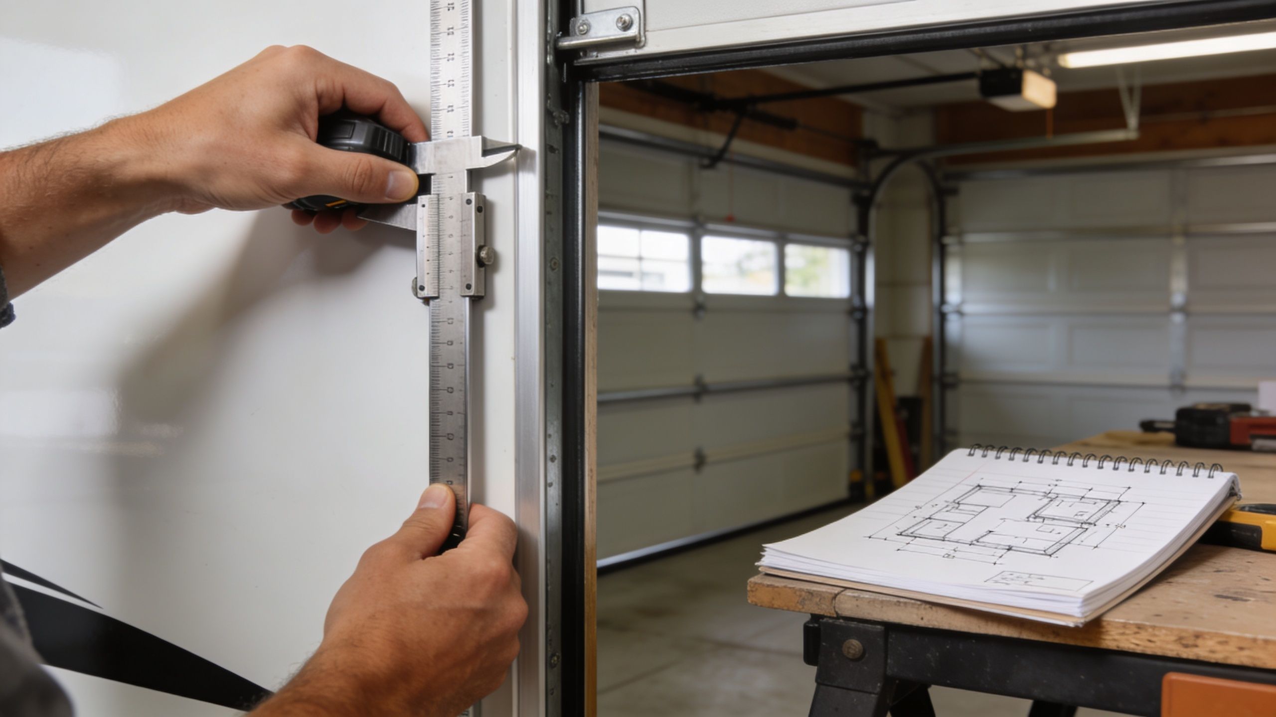 A person uses a metal caliper tool to precisely measure the dimensions of an RV garage door frame.