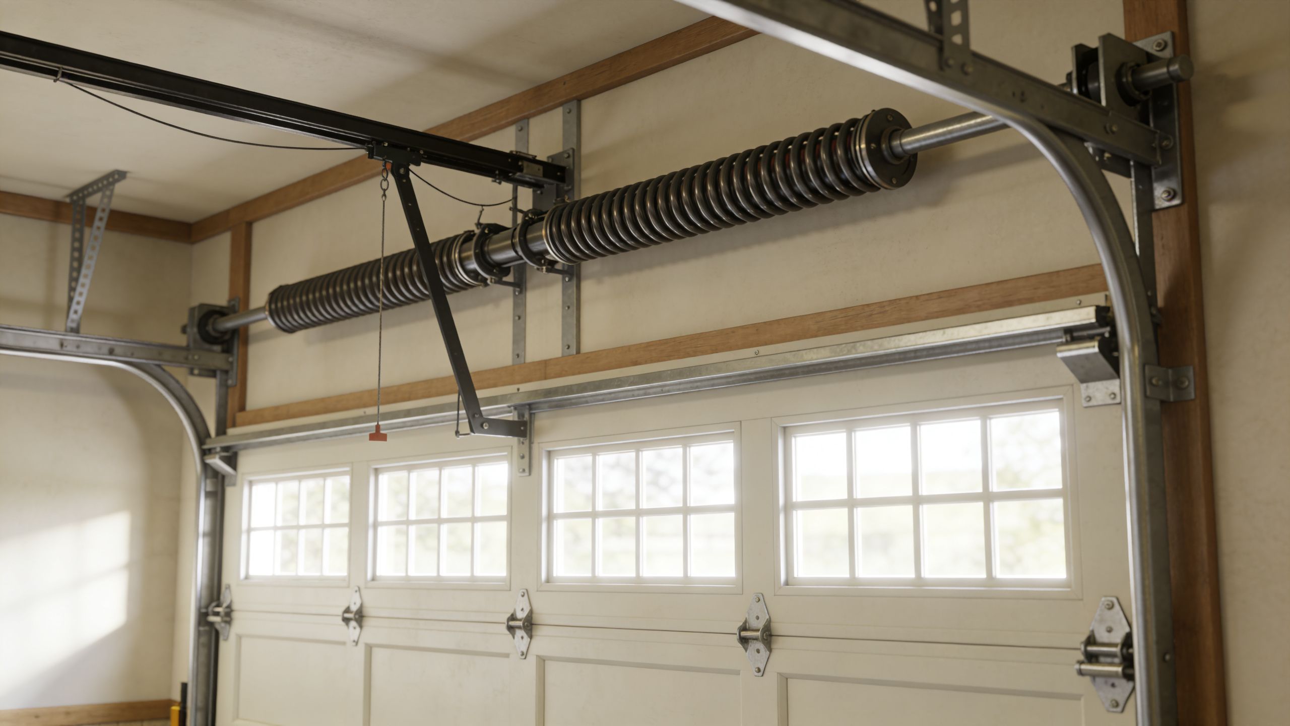 A close-up view of the overhead torsion spring mechanism and tracks for a residential garage door.