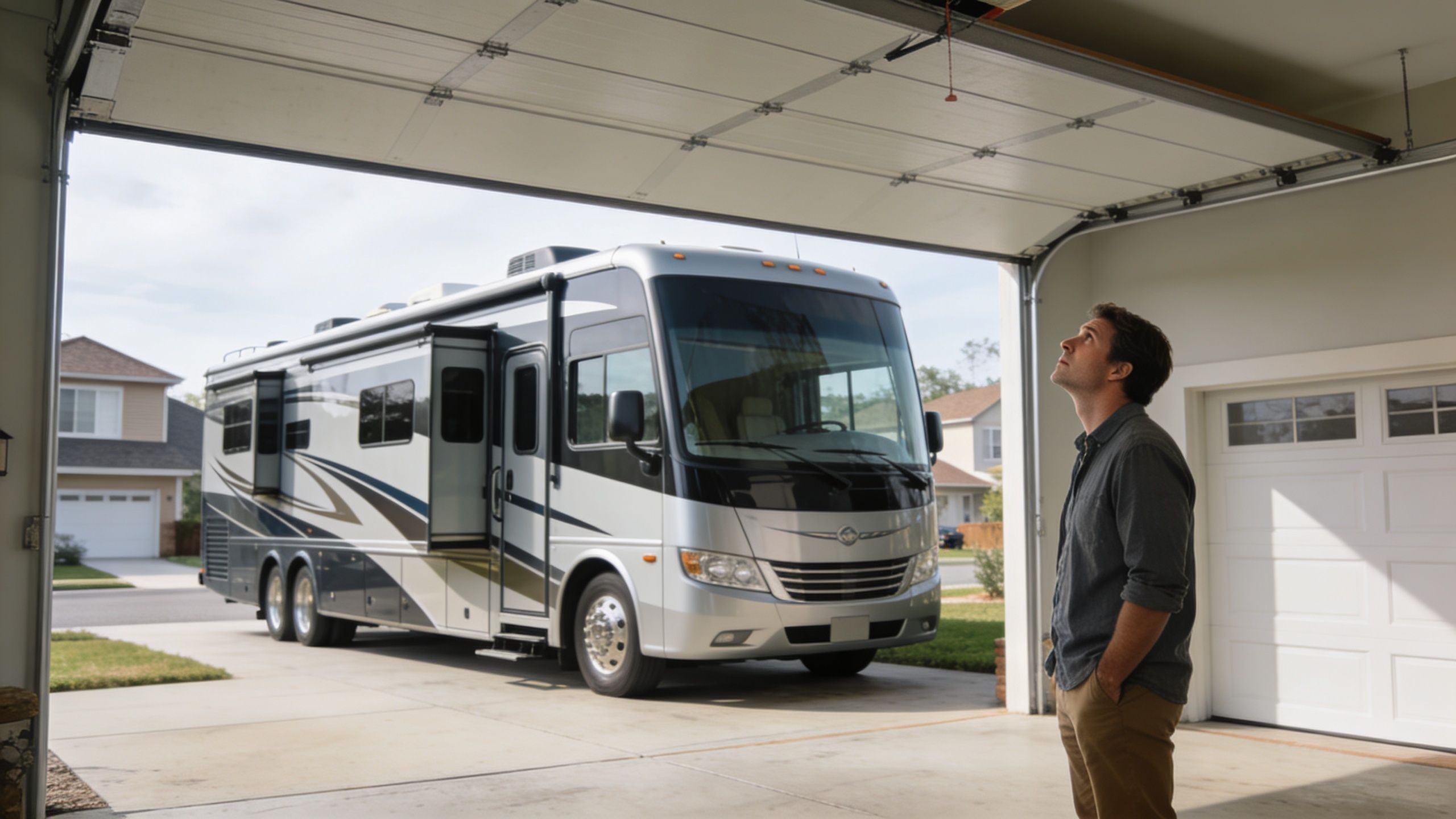 A man standing in his garage looking up at a large RV parked on the driveway outside.