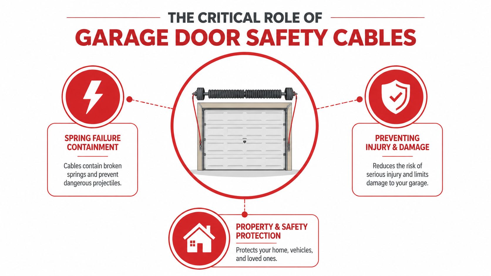 A diagram explaining the importance of garage door safety cables in preventing spring failure accidents and protecting property.