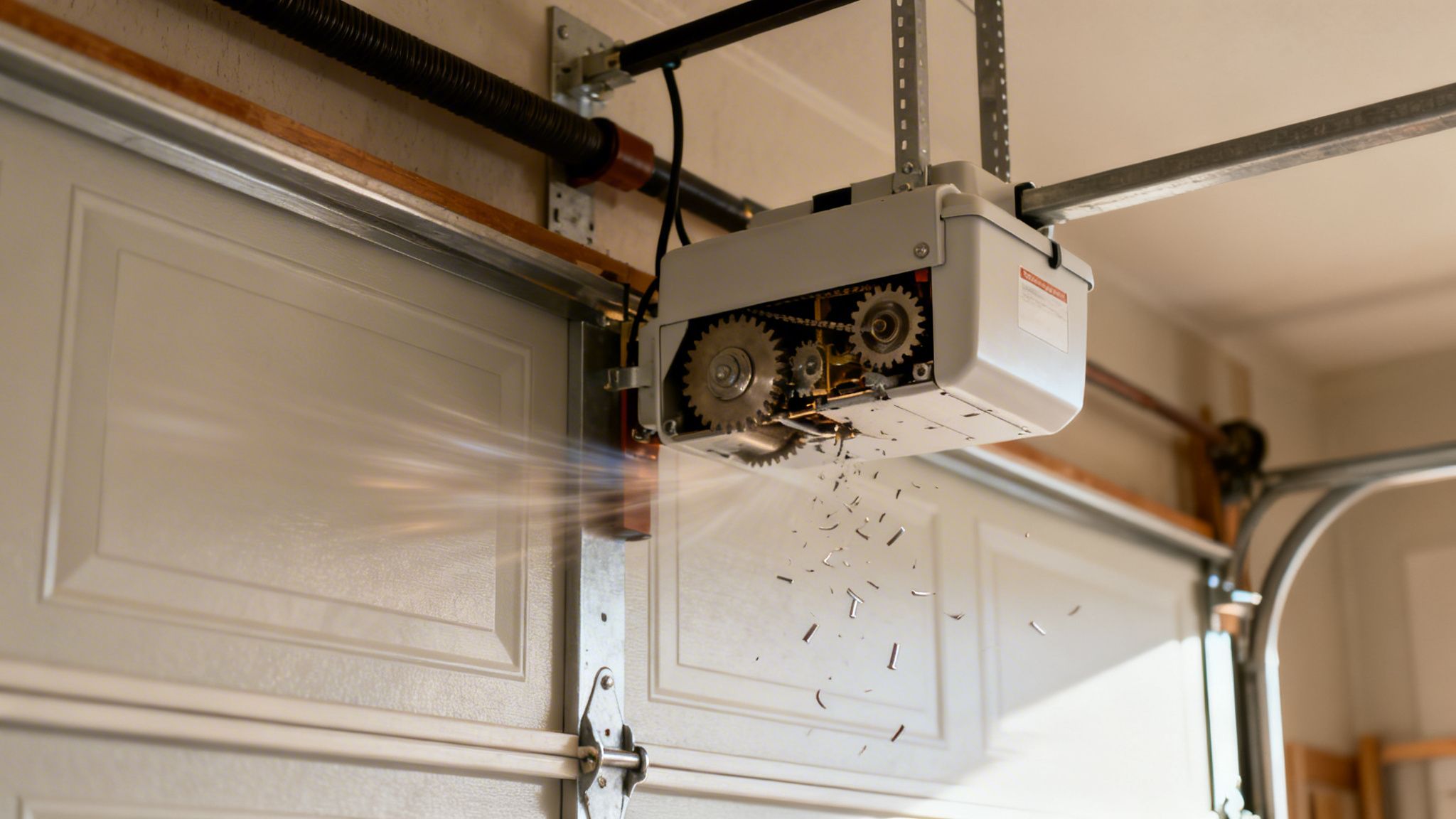 A malfunctioning garage door opener with exposed gears and debris falling, indicating mechanical failure.