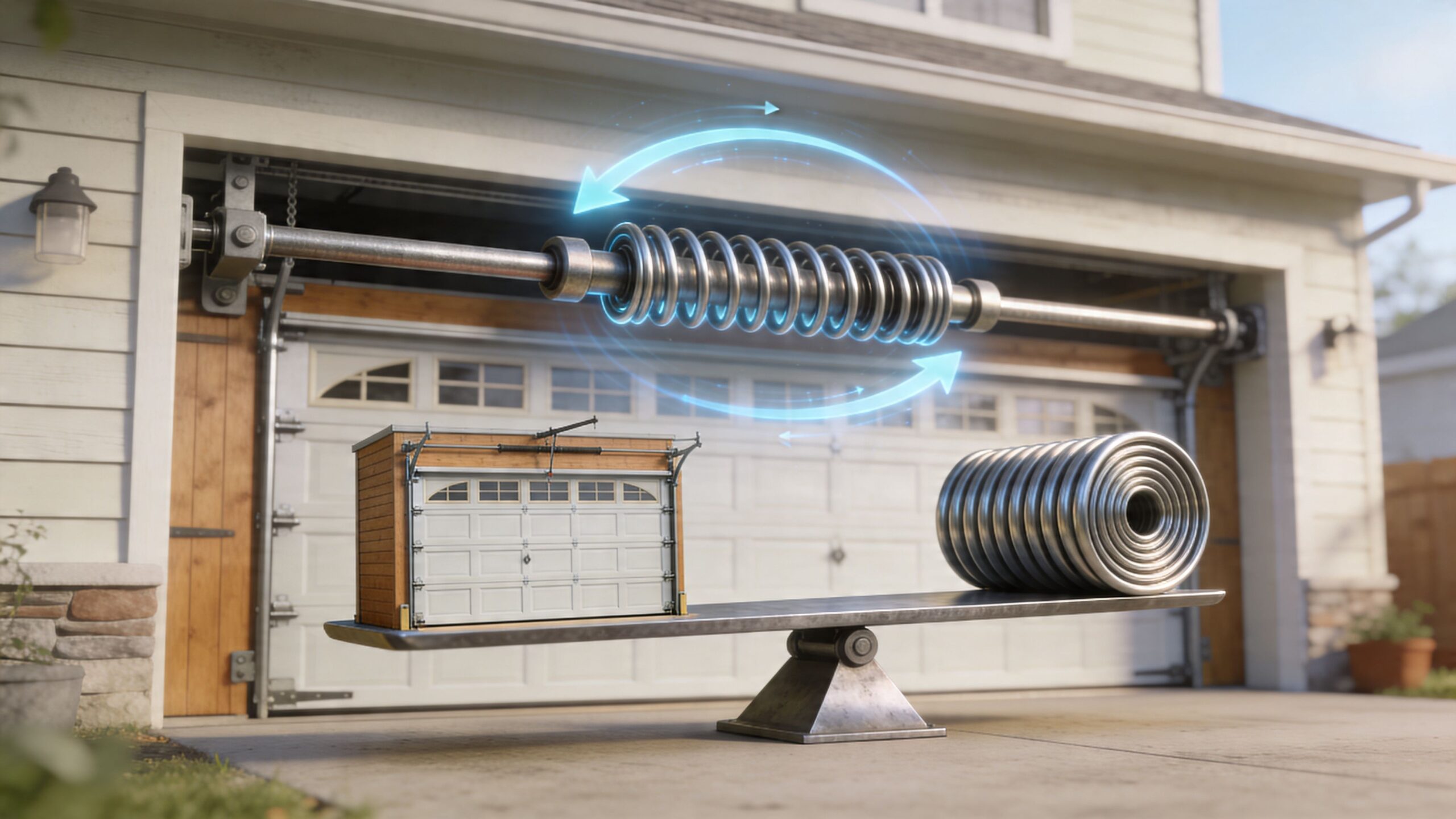 A conceptual illustration showing a heavy garage door balanced on a scale with industrial torsion garage springs.