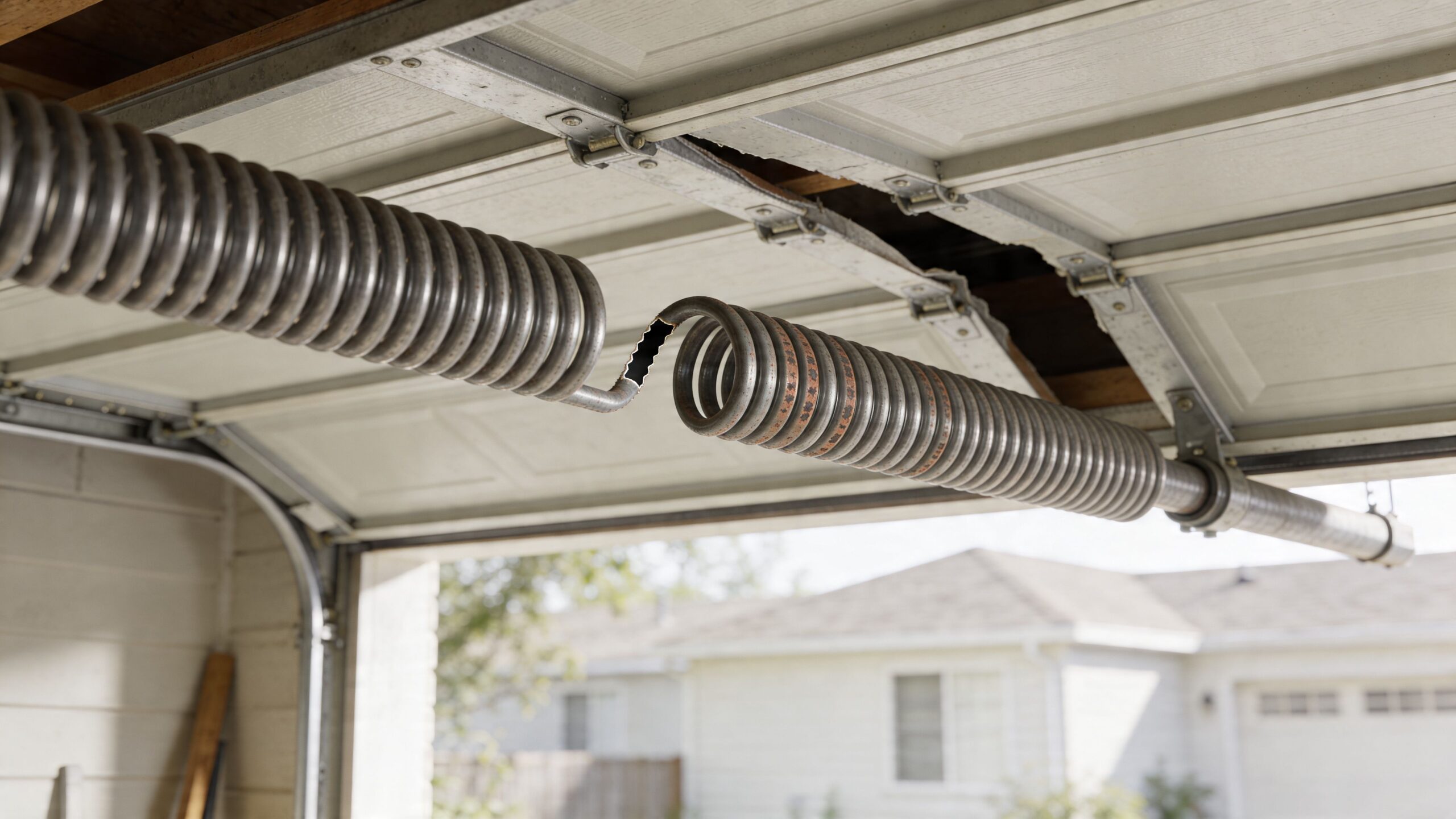A broken metal tension spring hanging from a white residential garage door mechanism