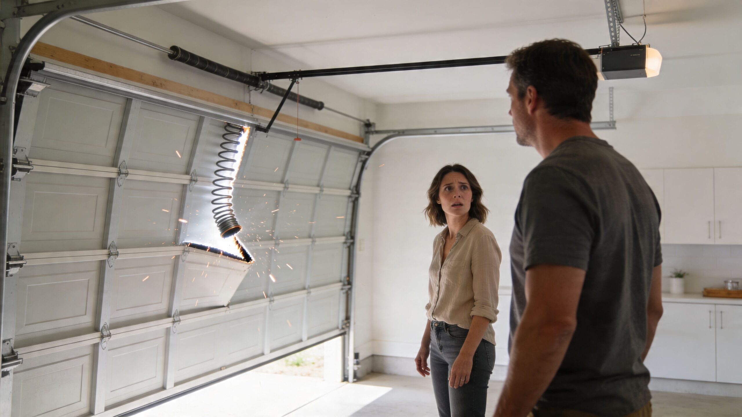 A concerned couple standing in a garage watching a glowing metal spring snapping off a door panel.