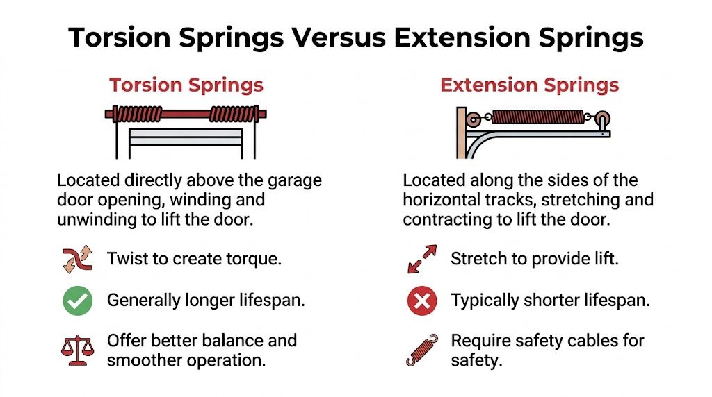 A comparison infographic showing the location and operational differences between garage door torsion and extension springs.