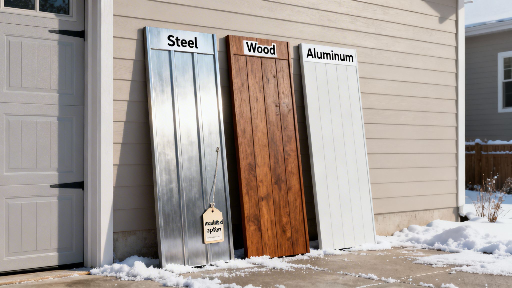 Three garage door material samples (steel, wood, aluminum) and an insulated option leaning against a house in winter.