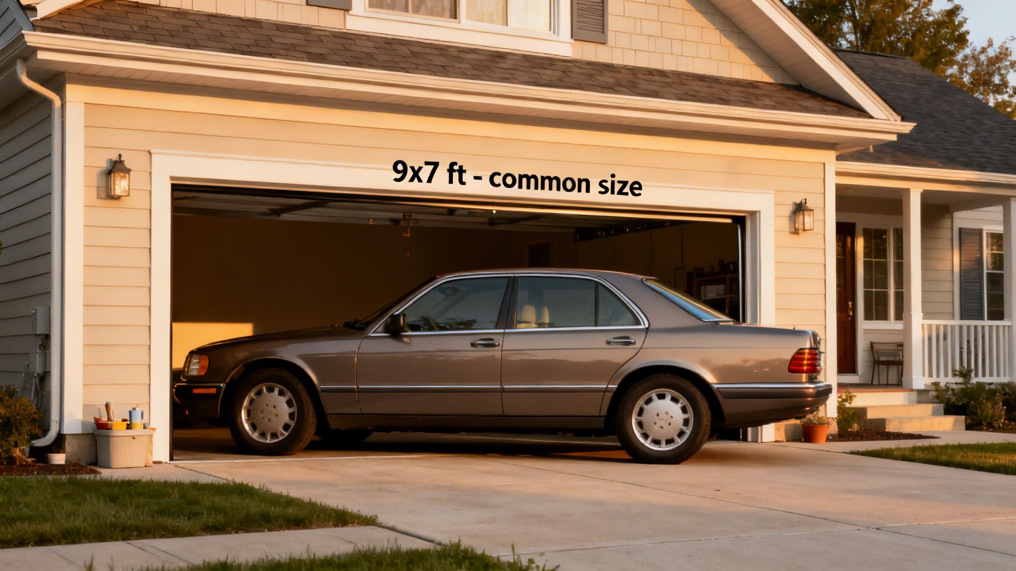 A house with an open single-car garage door, revealing a brown sedan parked inside. Text indicates '9x7 ft - common size'.