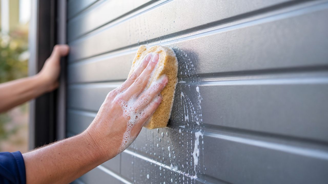 A person cleaning a grey panelled steel garage door with a yellow sponge and soapy water.