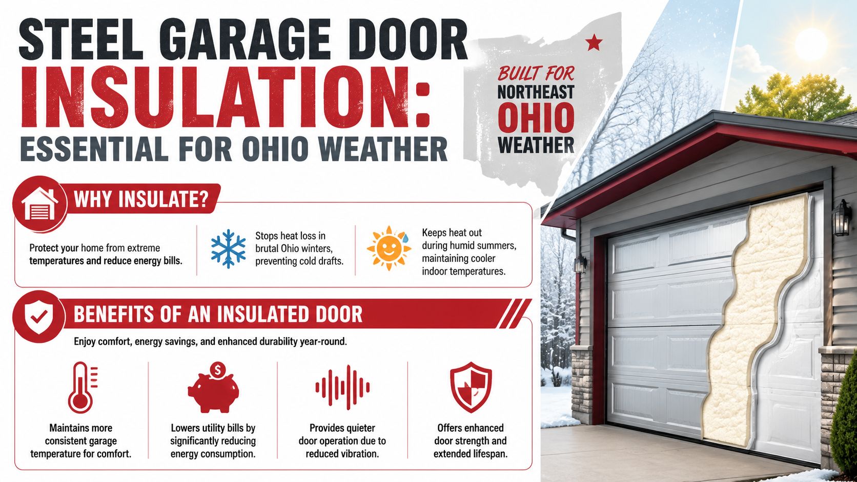 An infographic explaining the benefits of installing insulated steel garage doors for Ohio climate conditions.