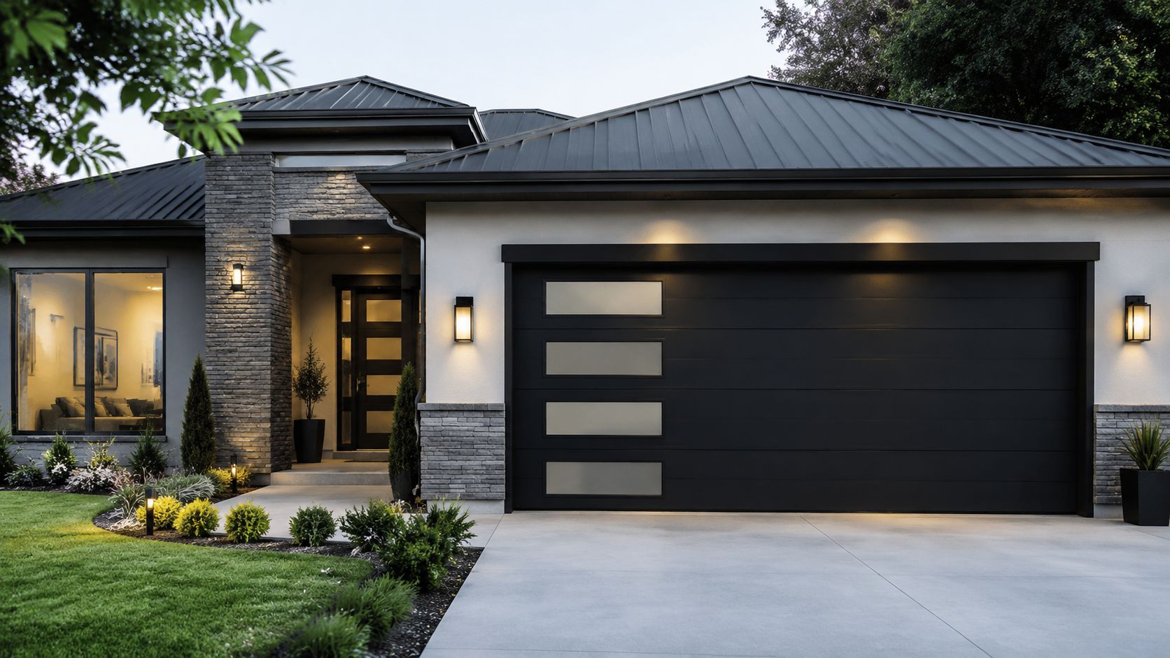 A modern single-story home featuring a large black steel garage door with horizontal rectangular glass windows.