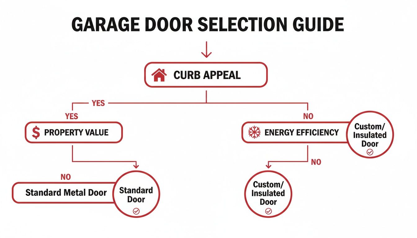 Flowchart for selecting a garage door based on curb appeal, property value, and energy efficiency.