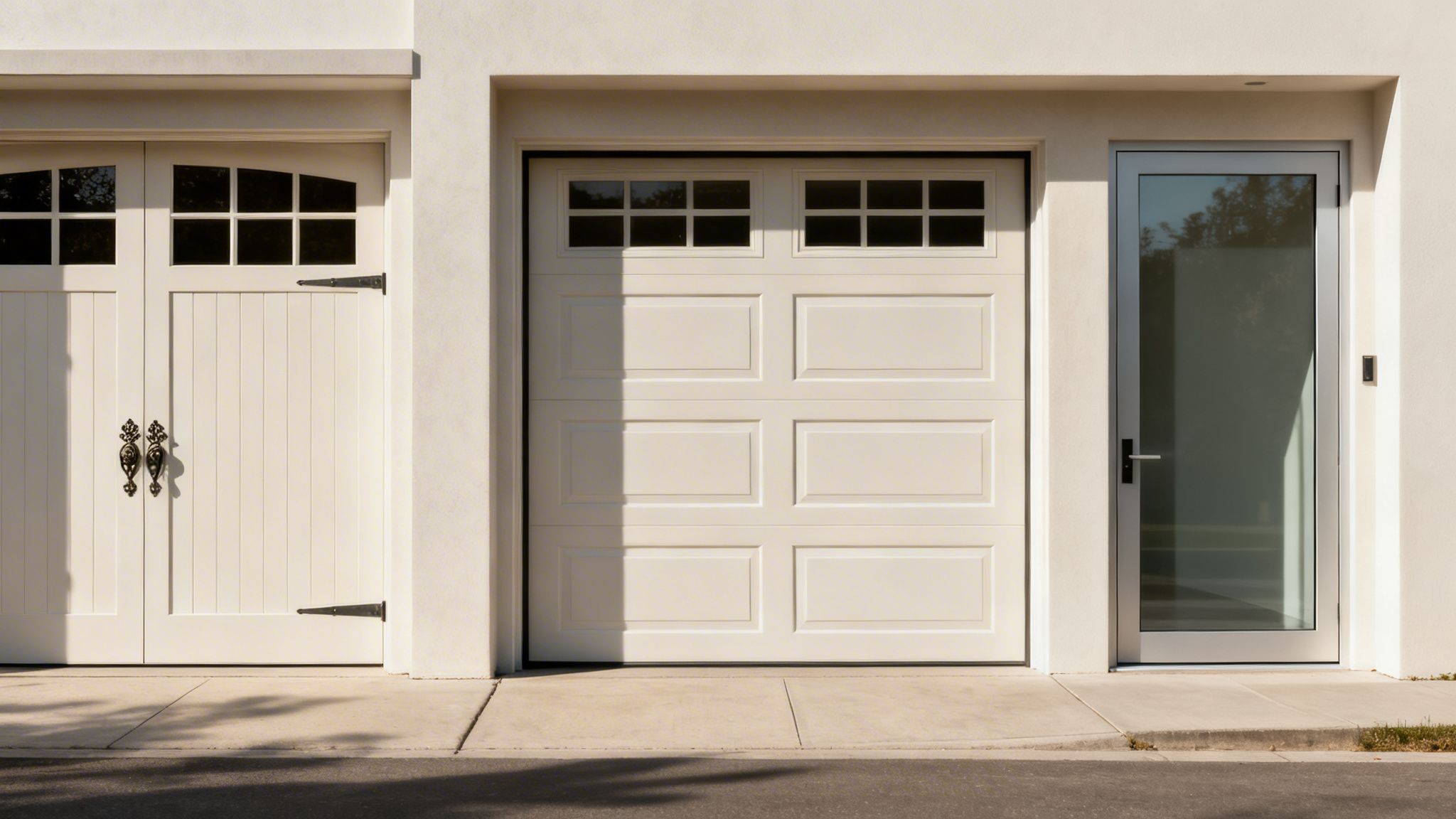 A house exterior featuring two distinct garage doors and one modern glass entry door.