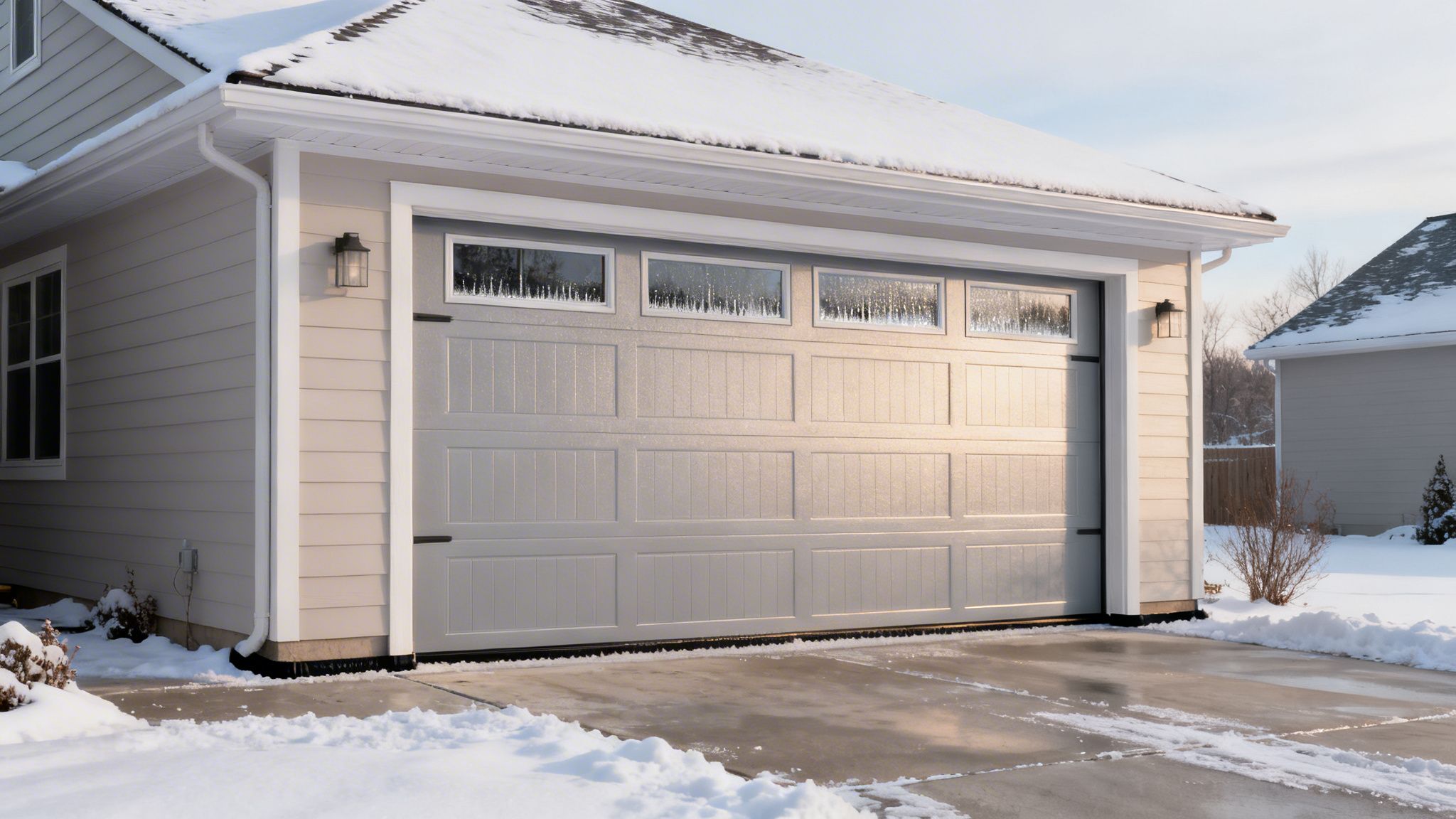 Winter scene showing a light-colored house with a gray garage door, snow on the roof and driveway.
