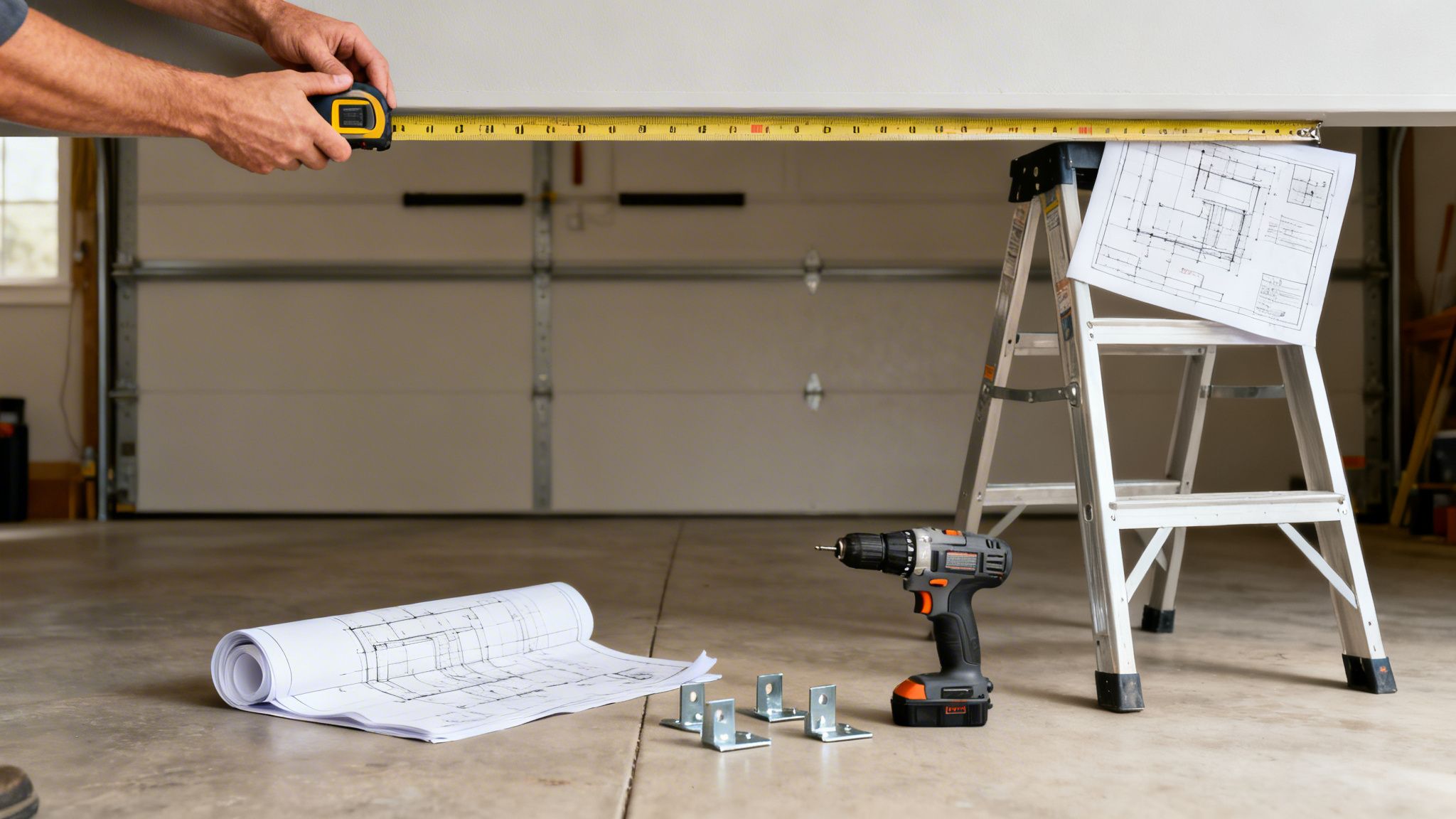 Hands measuring a garage door opening with a tape measure, surrounded by blueprints, a drill, and a ladder.