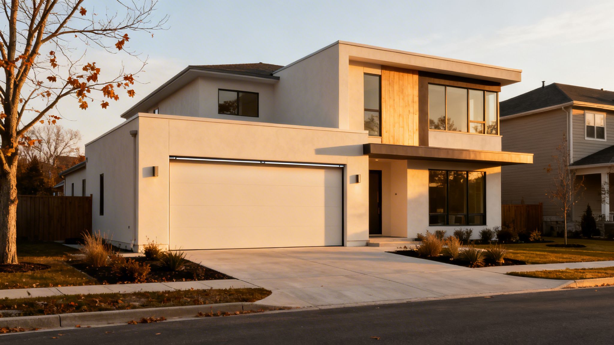 A modern, light-colored house with a large, illuminated white trackless garage door in warm sunlight.