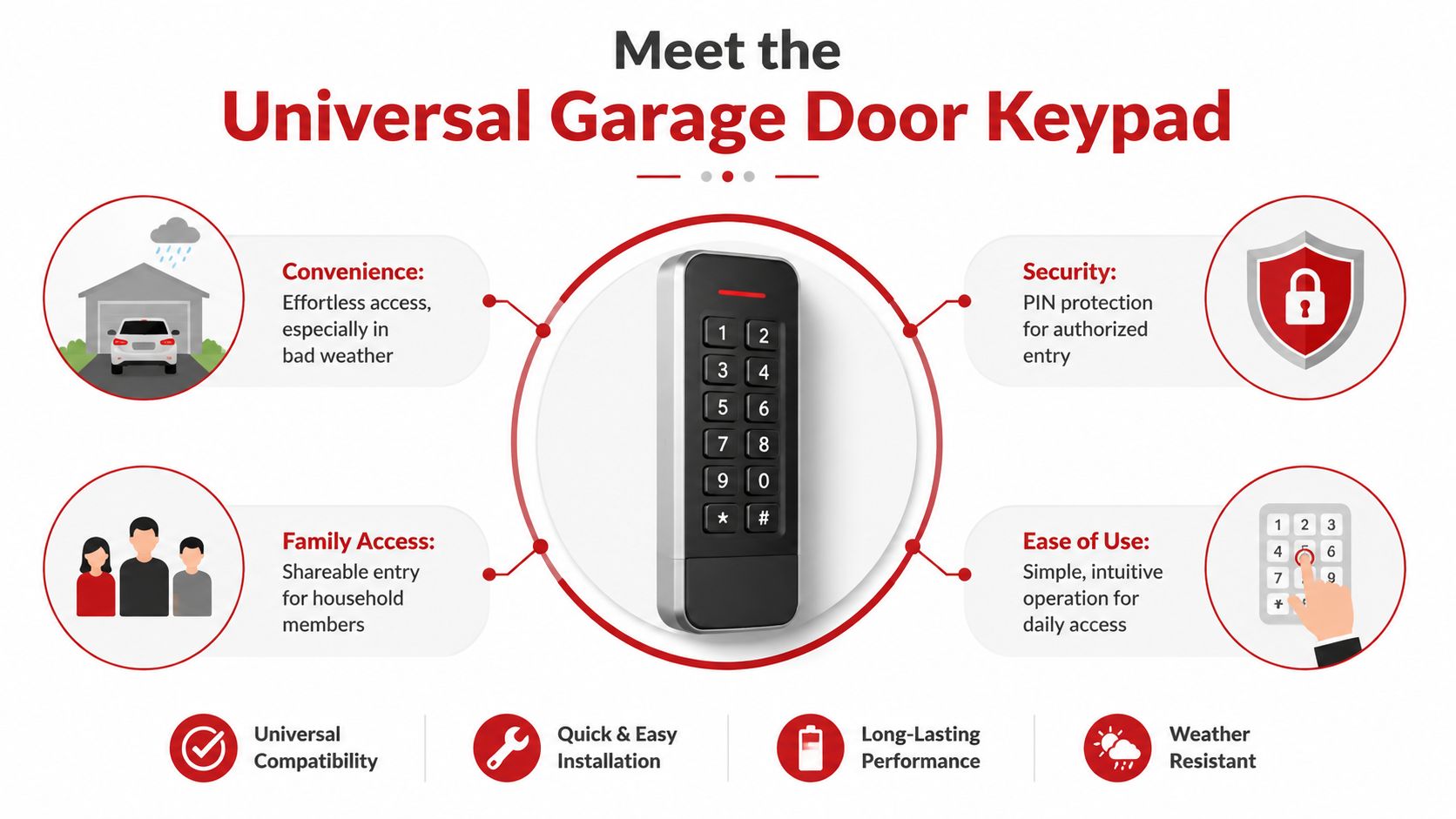 Infographic displaying the key features and benefits of a universal garage door keypad for home security.