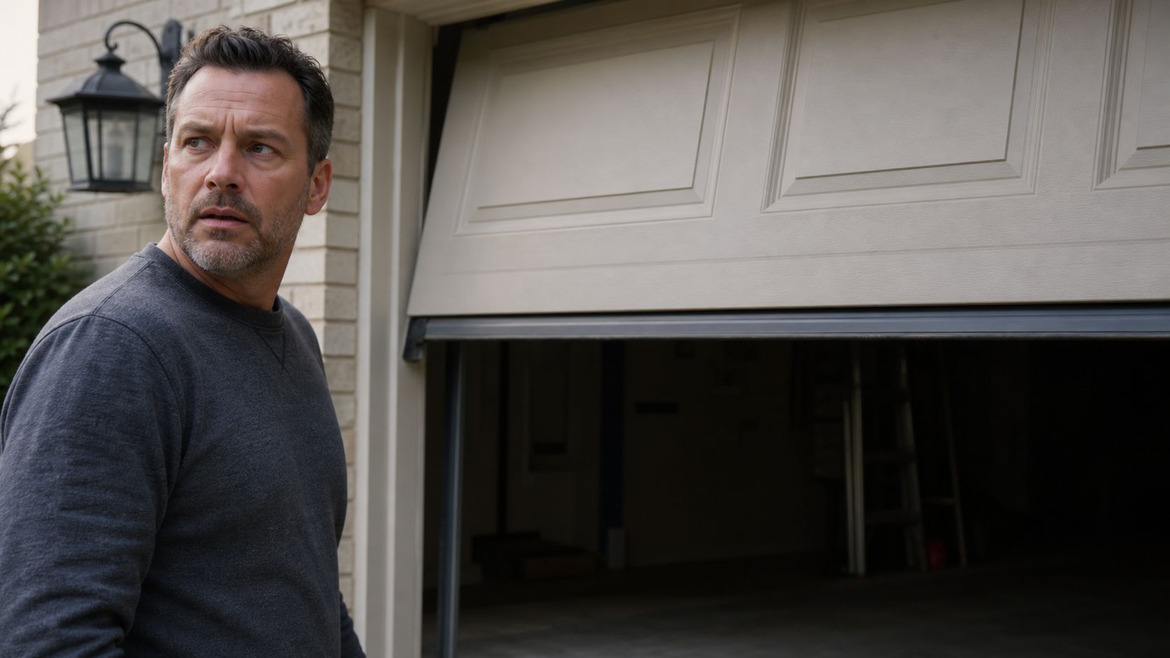 A concerned man standing outside his house looking toward an open garage door with worn components.
