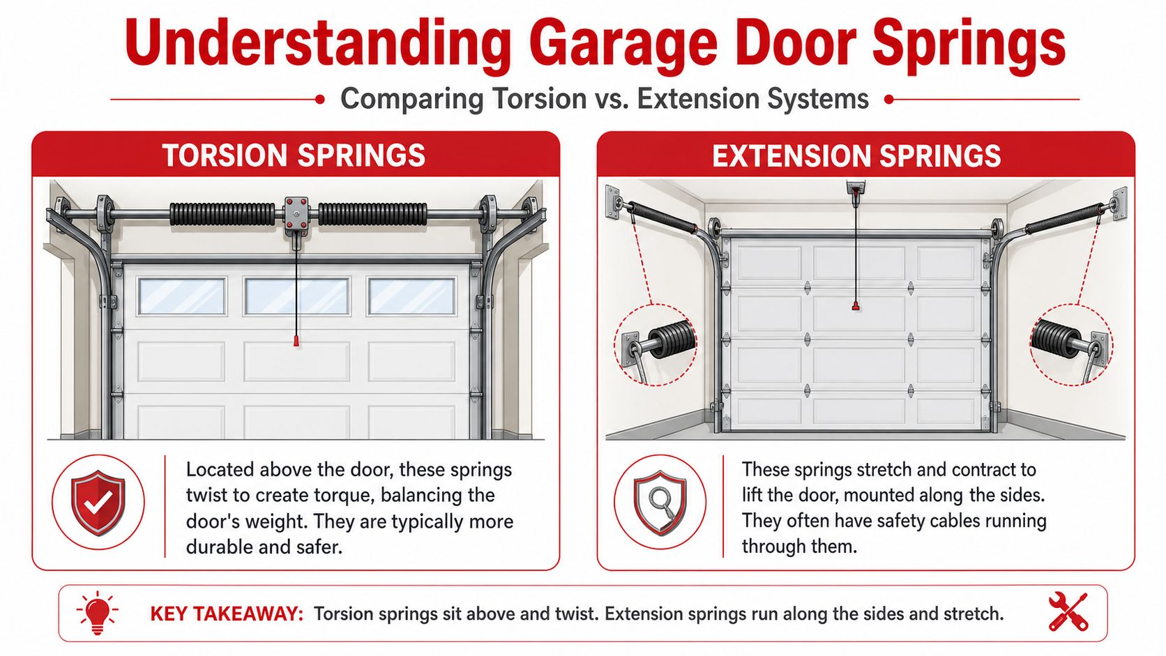 A comparative illustration explaining the differences between torsion and extension garage door spring systems.