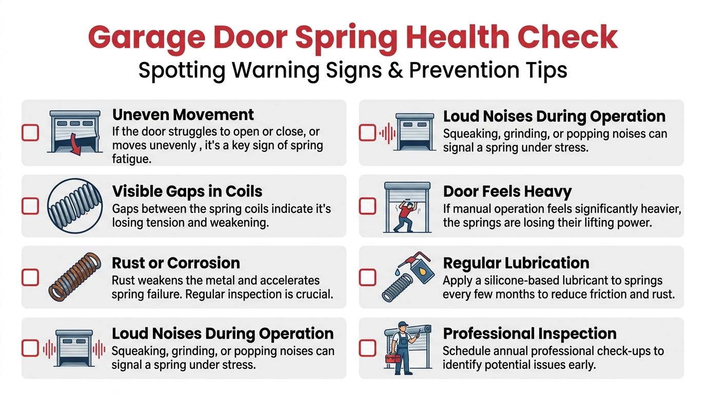 A checklist infographic titled Garage Door Spring Health Check showing warning signs and maintenance prevention tips.