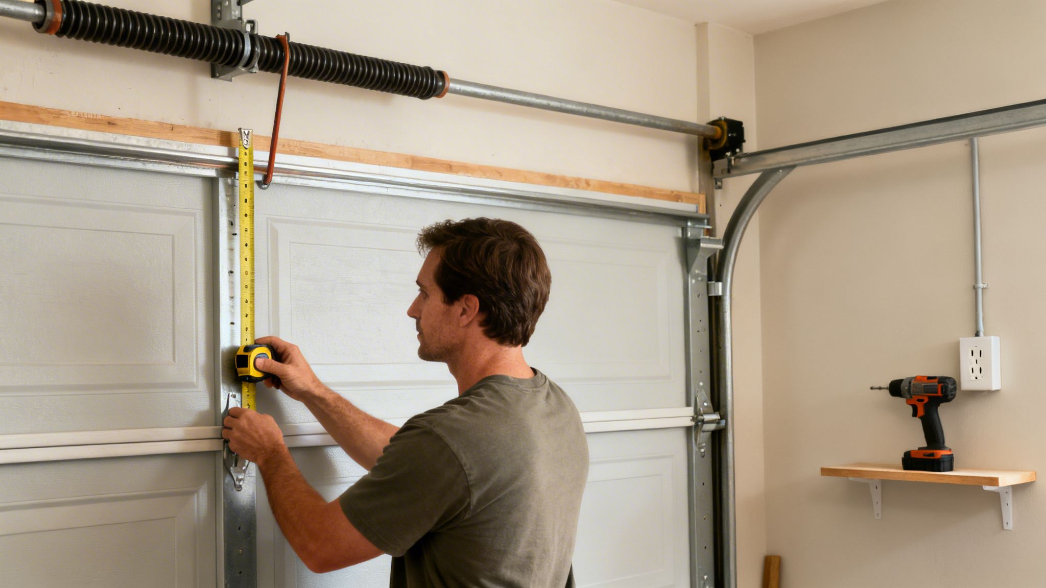 A man uses a yellow tape measure to gauge the height of a white garage door.