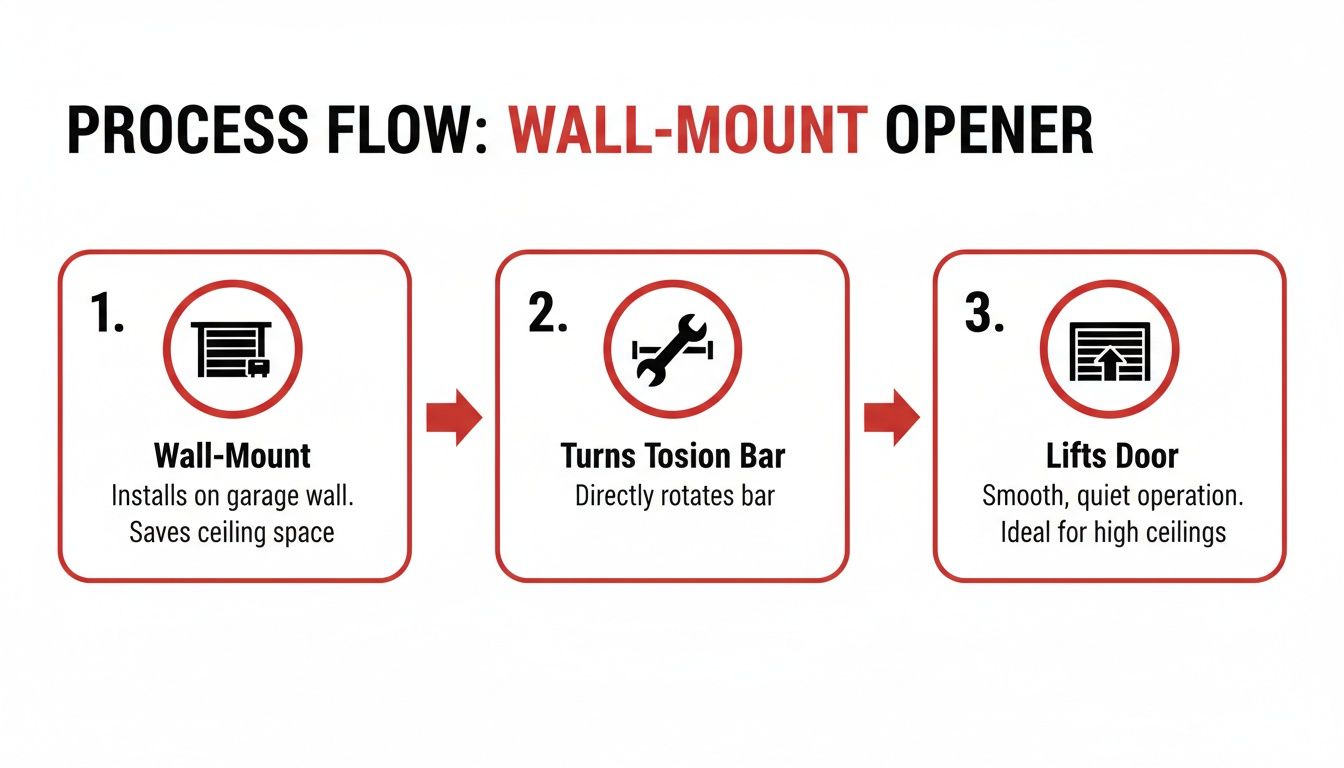 Process flow diagram explaining how a wall-mount garage door opener works in three steps.