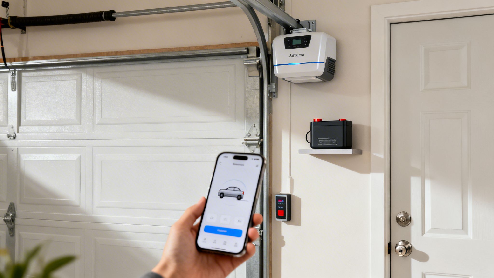 Person using a smartphone app to control a jackshaft garage door opener system with a battery backup.
